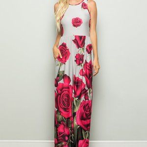 Grey and Pink Rose Sleeveless Maxi Dress